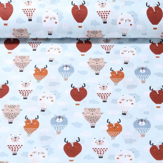 Tissu en coton - Ballons animaux Bleu clair
