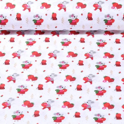 Tissu en coton - Souris Fraises Blanc