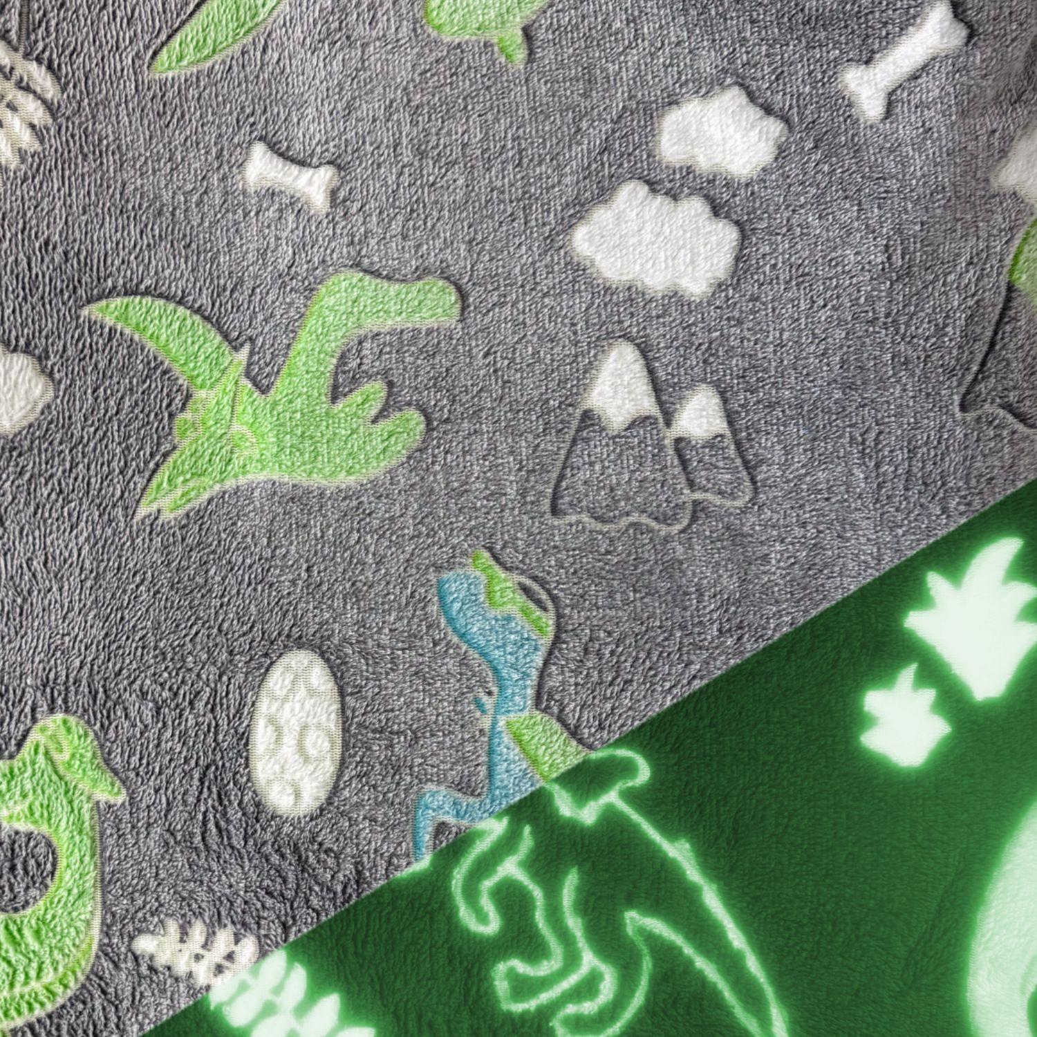 Wellness Fleece - Glow in the Dark Dinos Blätter Grau-1 Wellness Fleece - Glow in the Dark Dinos Blätter Grau-1