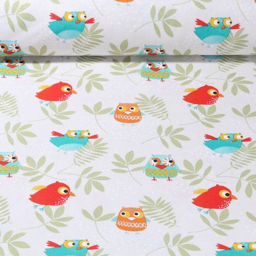 Cretonne de coton - Petits hiboux Gris clair