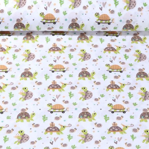 Tissu en coton - Tortues rigolotes Blanc Vert