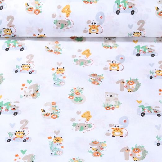 Tissu en coton - Petits animaux Chiffres Blanc Gris