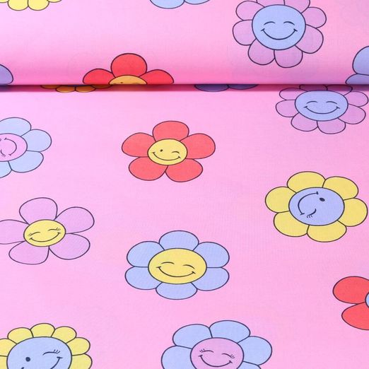 Coton enduit - Jolies fleurs Rose