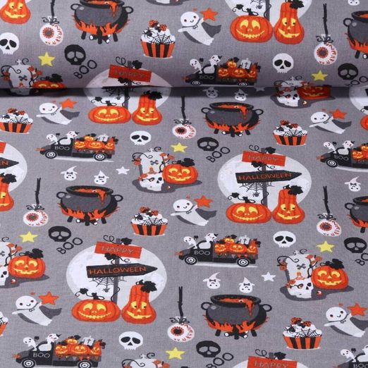 Tissu en coton - Fête d'Halloween Gris