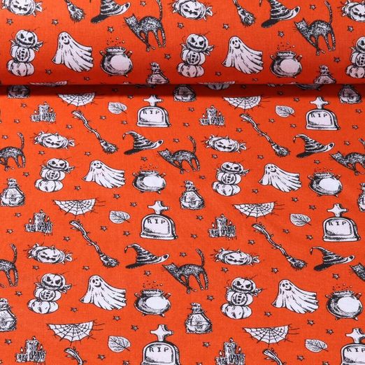 Tissu en coton - Halloween Chats Orange
