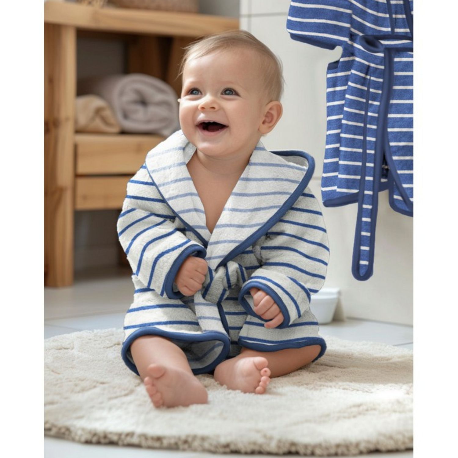 Frottee Jersey - Streifen Ecru Hellblau-1 Frottee Jersey - Streifen Ecru Hellblau-1