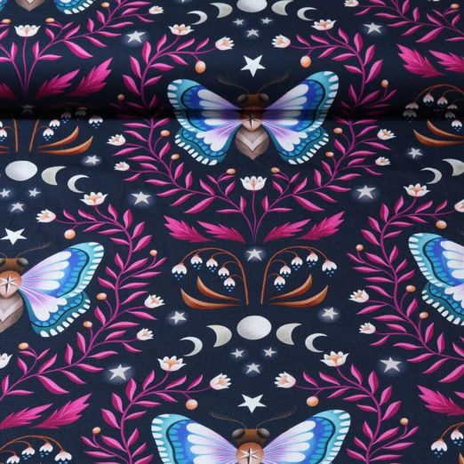 Bio Baumwoll-Satin - Hamburger Liebe Digitaldruck Midnight Luna Moth Schwarz Pink