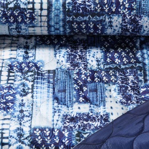 Tissu matelassé pour veste - Impr. digi. Velours Patchwork Bleu