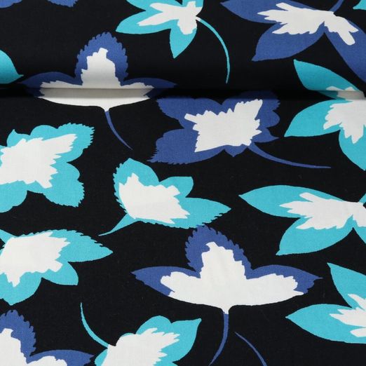 Twill de viscose - Feuilles Noir Turquoise
