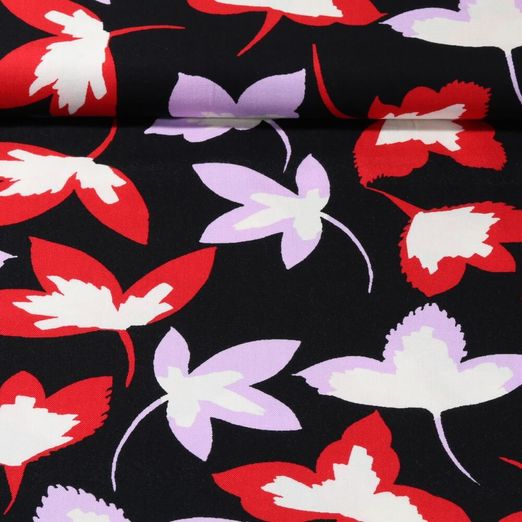 Twill de viscose - Feuilles Noir Rouge