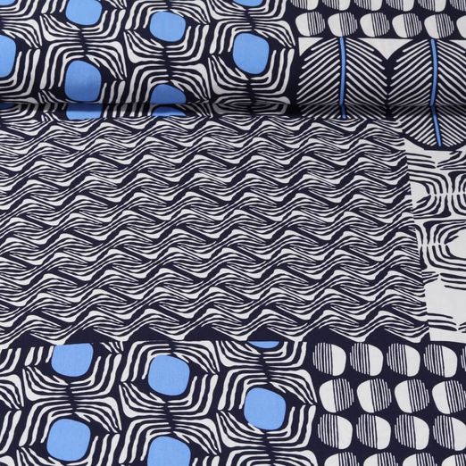 Popeline de viscose - Mélange de motifs Ecru Bleu