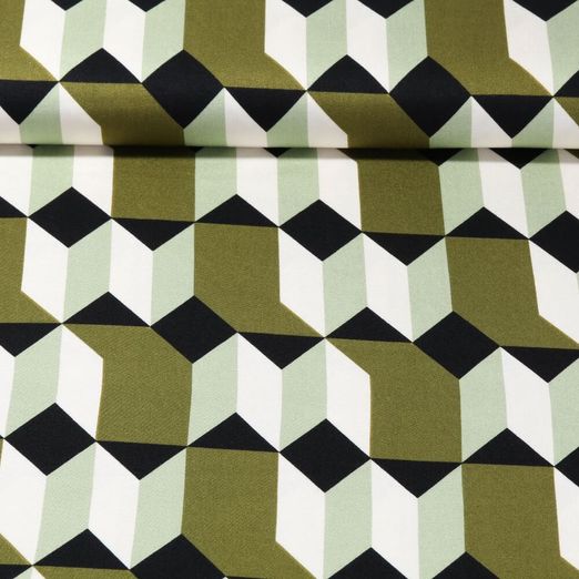 Satin de viscose - Formes géométriques Ecru Vert olive