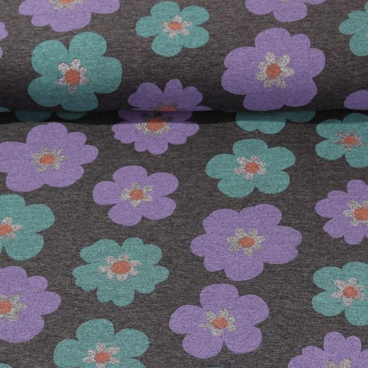 Jersey - Fleurs Paillettes Gris Mélange Teinté dans la masse