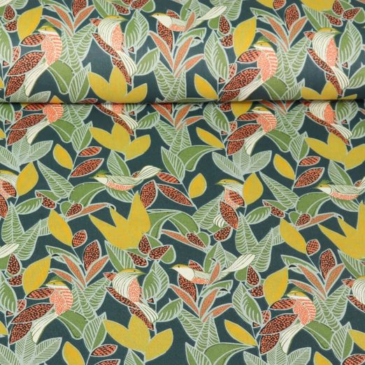 Coton enduit - Oiseaux et Feuilles Vert foncé