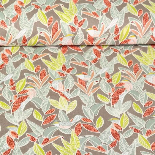 Coton enduit - Oiseaux et Feuilles Taupe