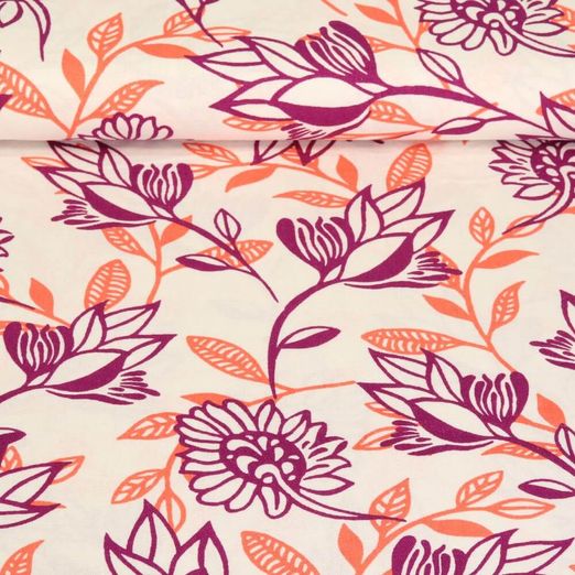Leinen - Floral Weiß Lila Orange