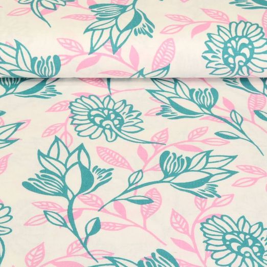 Lin - Floral Blanc Bleu pétrole Rose