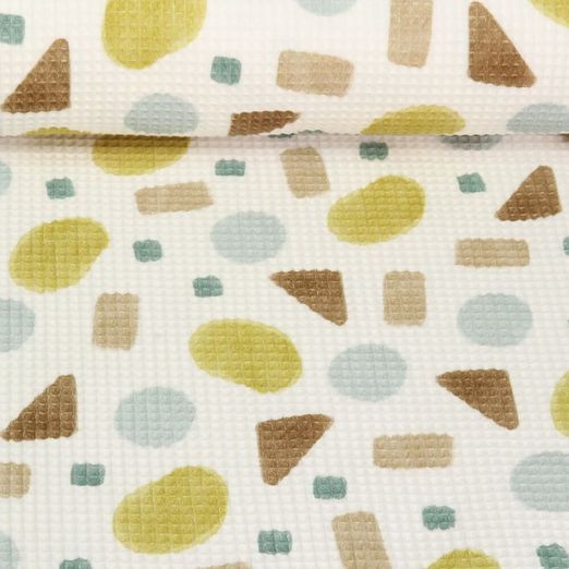 Coton gaufré - Impression digitale Formes Blanc Vert