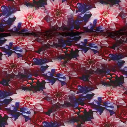 Jersey viscose - Impression digitale Dahlias Fleurs Rouge