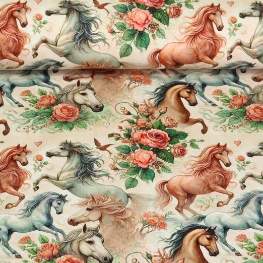 Sweat été - French Terry Impression digitale Chevaux Roses Ecru