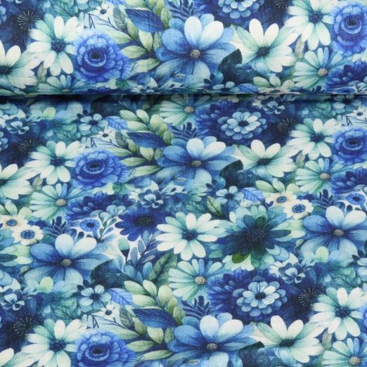 Baumwoll-Musselin - Double Gauze Digitaldruck Blüten Blau