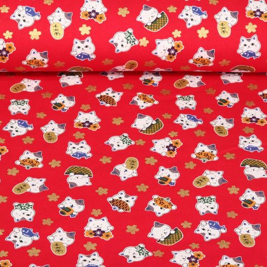 Tissu coton - Chats Japon Impression sur film Rouge