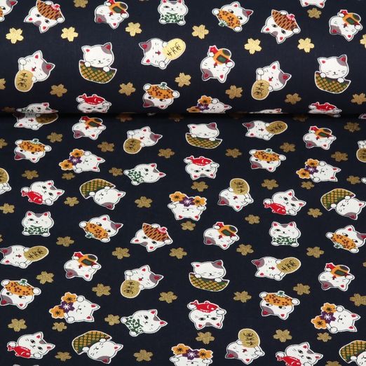 Tissu coton - Chats Japon Impression sur film Bleu