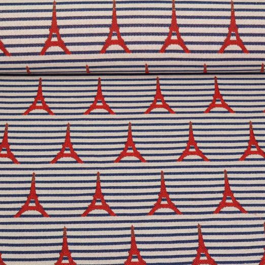 Toile jacquard - Tour Eiffel Rayures Beige Bleu