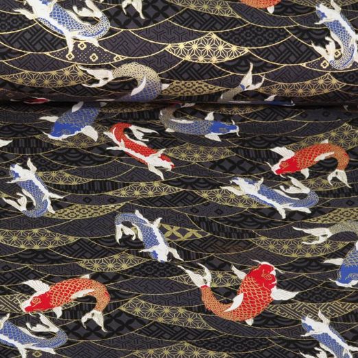 Baumwoll-Webware - Koi Japan Foliendruck Schwarz