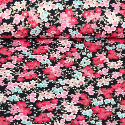 Baumwoll-Webware - Japan Kirschblüten Foliendruck Schwarz
