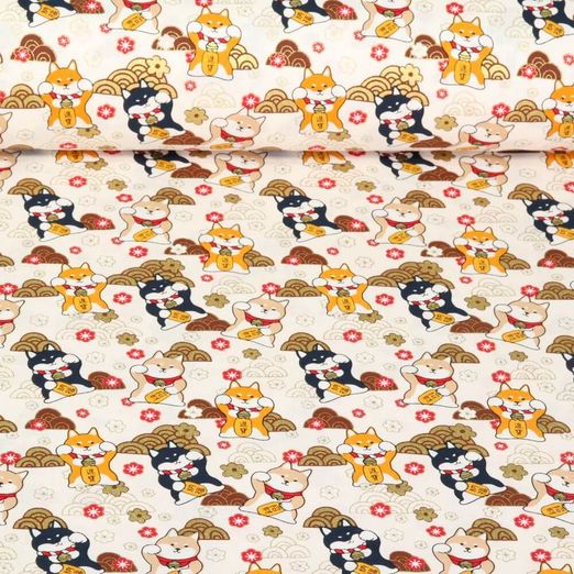 Baumwoll-Webware - Japan Glückskatzen Foliendruck Ecru