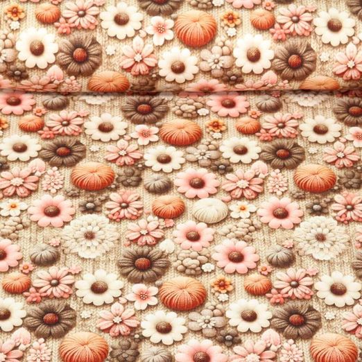 Jersey - Digitaldruck 3D Strickoptik Blumen Braun Rosa