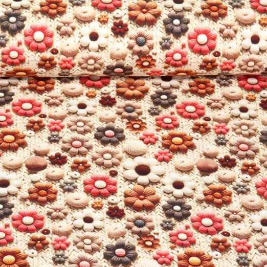 Jersey - Impression digitale 3D Effet tricoté Fleurs Beige Rouge