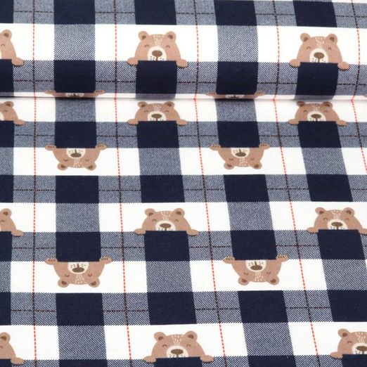 Flanelle de coton - Carreaux Ours Bleu marine