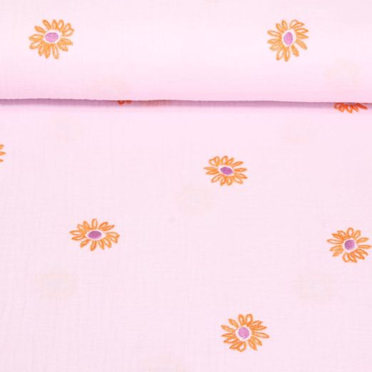Baumwoll-Musselin - Double Gauze Blumen Bestickt Rosa