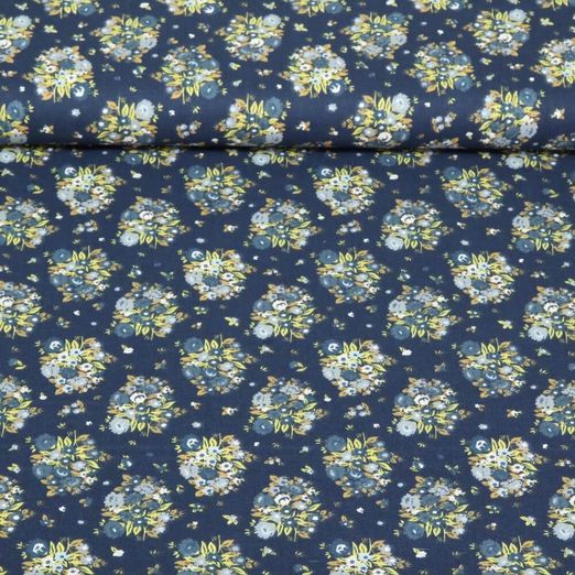 Baumwoll-Popeline - Blumenbouquet Blau