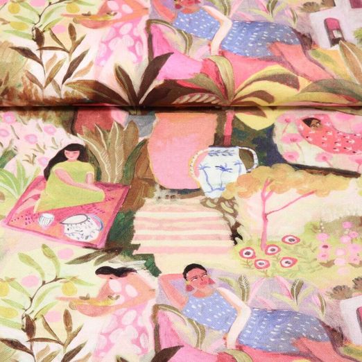 Toile de coton canevas - Impression digitale Jardin tropical Vert clair Rose