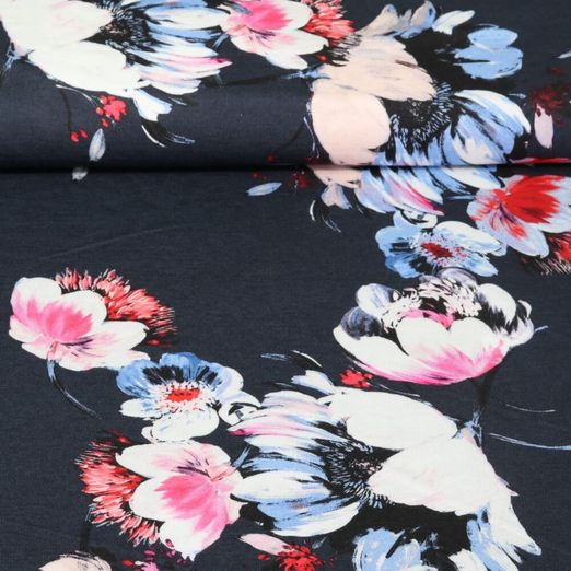 Jersey viscose Sanetta - Fleurs Bleu marine