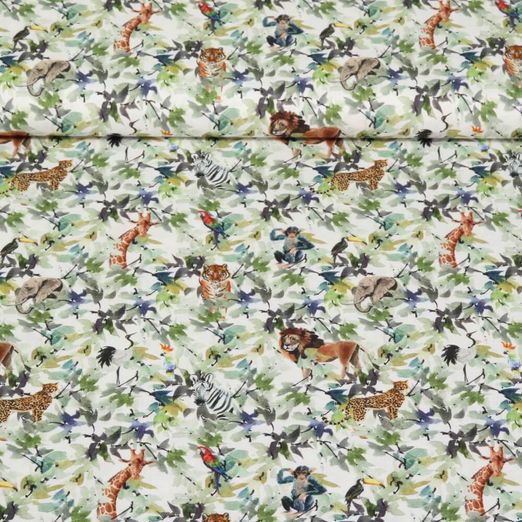 Popeline de coton - Animaux sauvages Feuilles Blanc