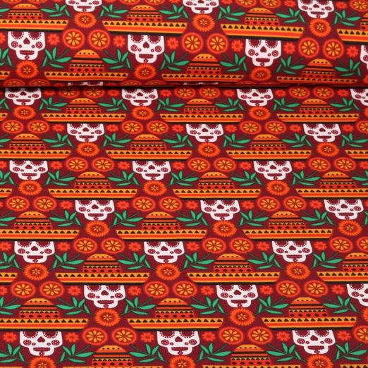 Faschingsstoff - Digitaldruck La Catrina Totenkopf Mexiko Rot
