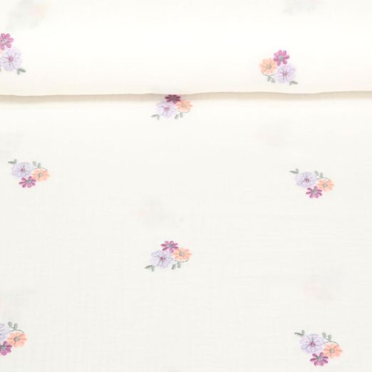 Gaze de coton - Fleurs brodées Blanc