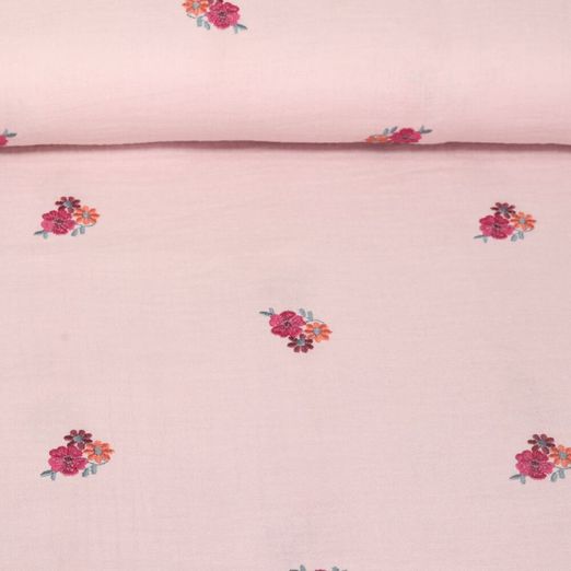Baumwoll-Musselin - Double Gauze Blumen Bestickt Altrosa
