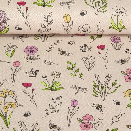 Toile canevas - Aspect lin Fleurs de printemps Beige Multicolore