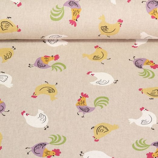 Toile canevas - Aspect lin Poules Beige Gris