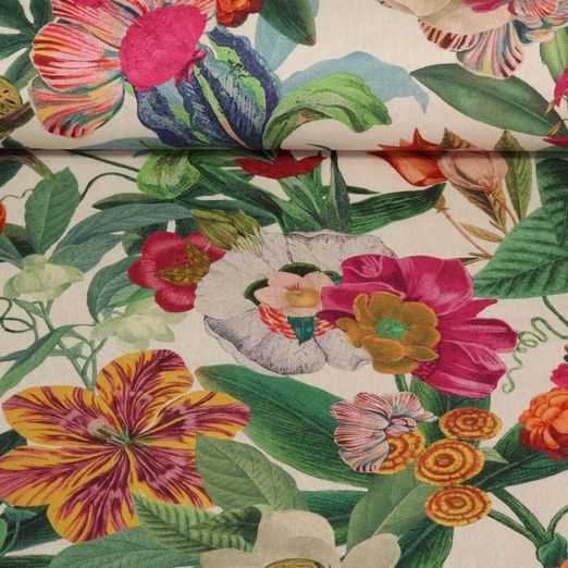 Toile de coton canevas - Aspect lin Fleurs tropicales Beige