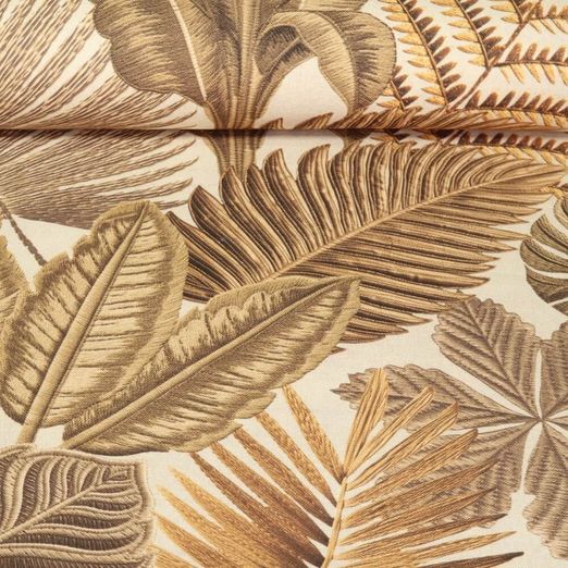 Baumwoll-Canvas - Tropische Blätter Leinenlook Beige