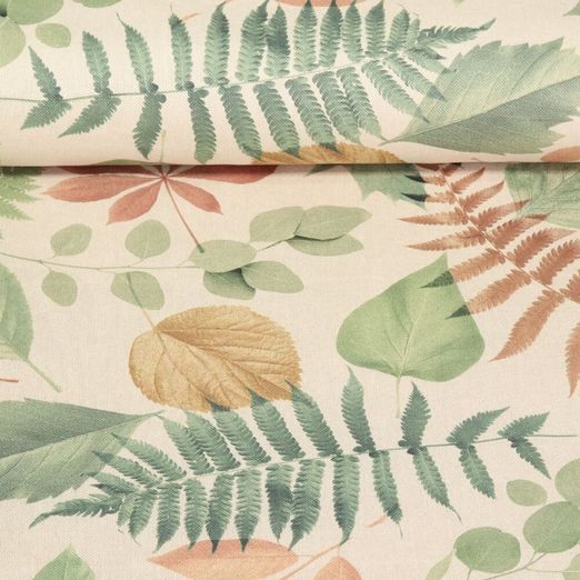 Baumwoll-Canvas - Blätter Mix Leinenlook Beige