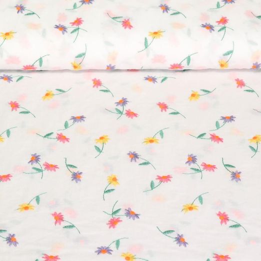 Baumwoll-Voile - Blumen Bestickt Weiß