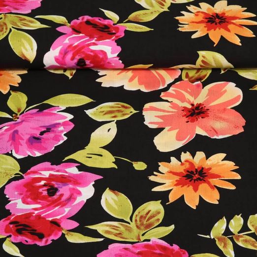 Viscose - Impression digitale Grosses fleurs Noir