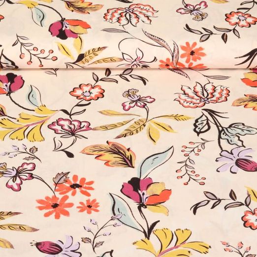 Viscose - Impression digitale Fleurs et branches Vanille